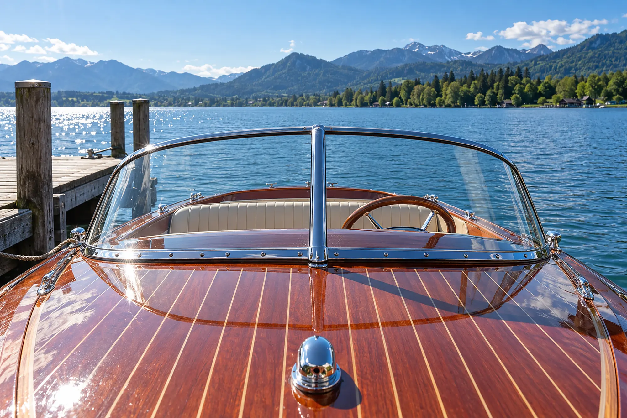 Gebogene Windschutzscheibe im Chromrahmen auf dem lackierten Holzdeck eines Motorboots am Steg, dahinter ein See und Berge (KI-Illustration)