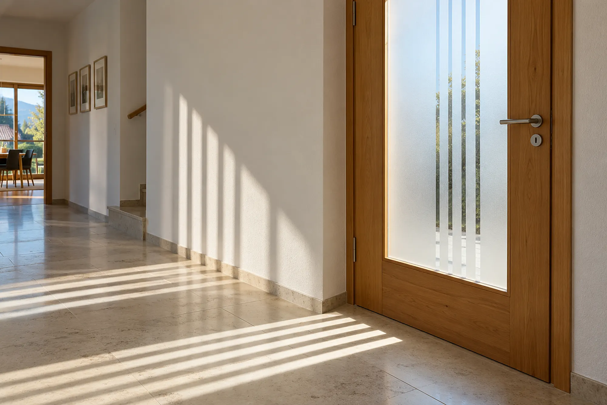 Holztür mit sandgestrahltem Glaseinsatz in einem hellen Flur, Sonne wirft Streifen auf den Steinboden (KI-Illustration)