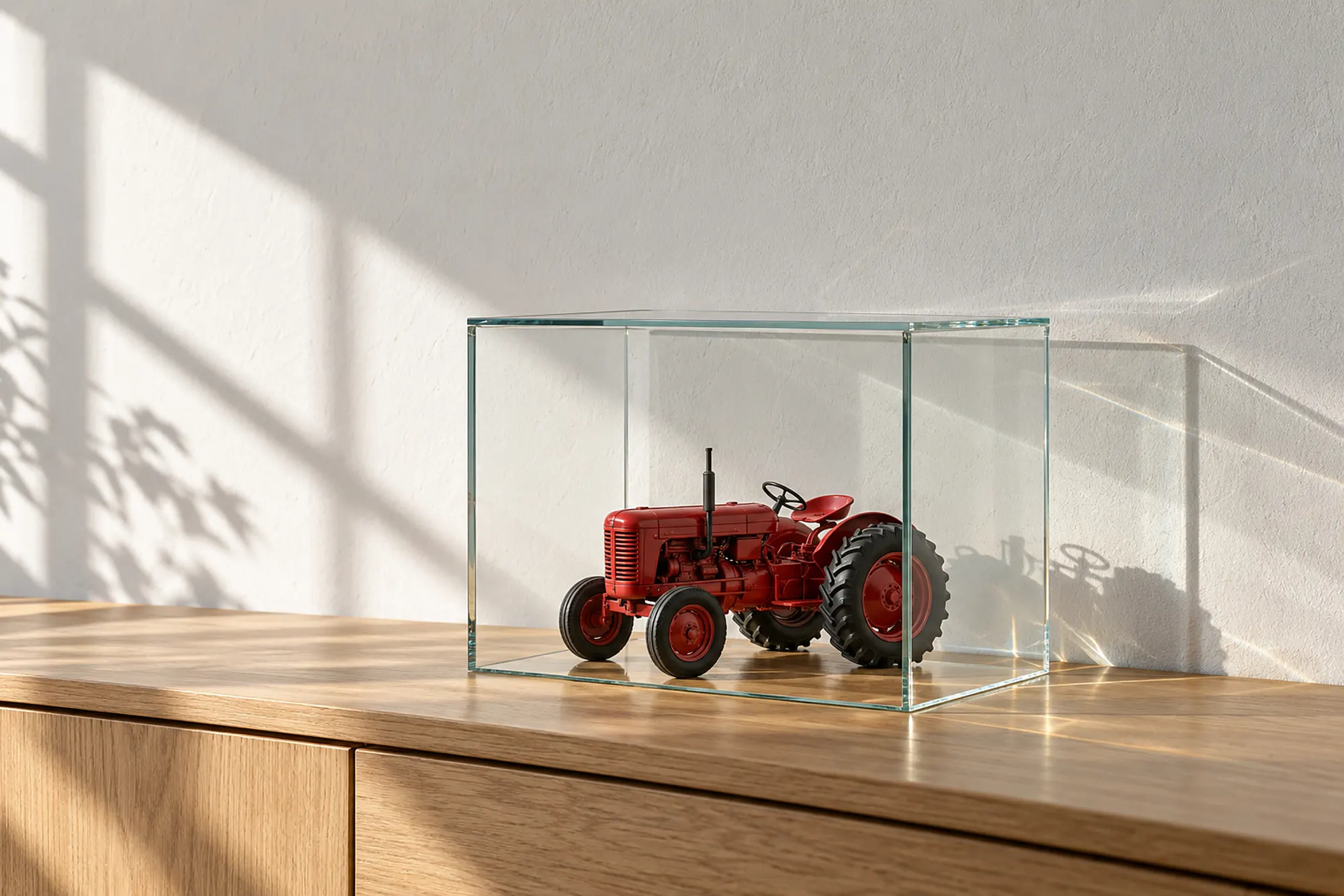 Rahmenlose Glasvitrine mit einem kleinen Traktor-Modell auf einem Eichensideboard, harter Sonnenschatten an der Wand (KI-Illustration)